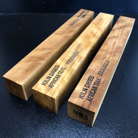 1.5x1.5x12 KD Figured African Teak (3pcs) Wood Spindle Turning Blank (#00483)