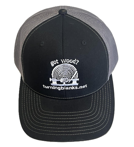 Black & Gray Trucker Hat with White Stiching got wood? (Richardson 112)