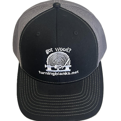 Black & Gray Trucker Hat with White Stiching got wood? (Richardson 112)