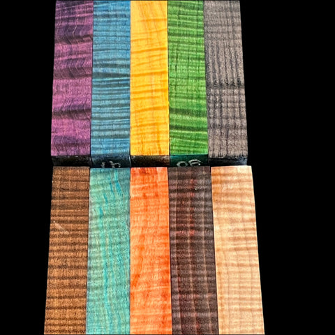 Pack of 5) 7/8 x 7/8 x 5 Random Color Stabilized and Dyed Curly Soft Maple Wood Pen Turning Blank